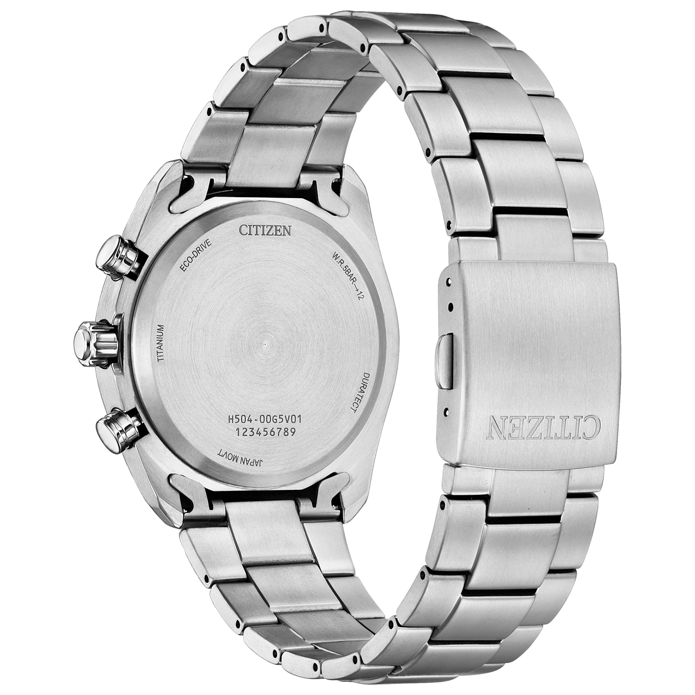 Rückseite einer gebürsteten silbernen Citizen Eco-Drive-Uhr mit Text.