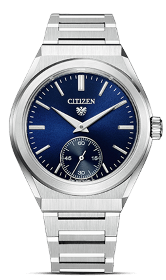 This image showcases a Citizen watch with a silver-toned integrated bracelet and case. It features a rich blue dial with subtle hour markers and a sub-seconds dial, exuding a sophisticated and precise aesthetic against a plain background.