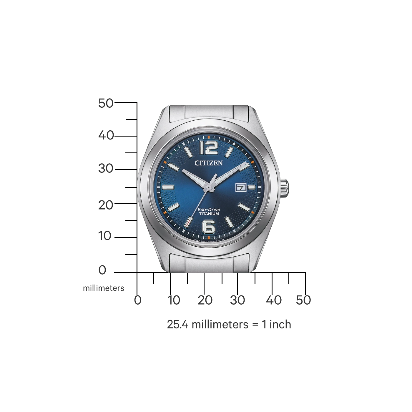 Citizen-Uhr mit blauem Zifferblatt, Titan, Eco-Drive und Datumsanzeige.