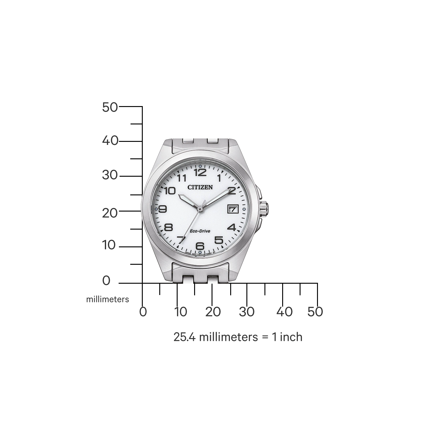 Silberne Citizen-Uhr mit weißem Zifferblatt, Zahlen und Eco-Drive-Text.