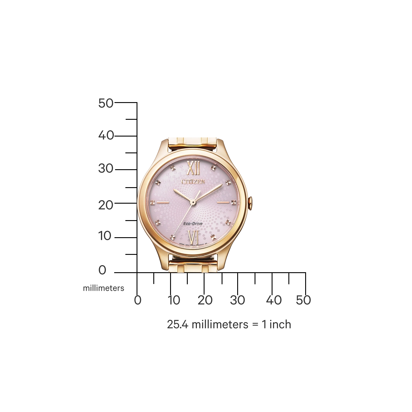 Citizen-Uhr mit goldenem Gehäuse und rosa Zifferblatt, mit Maßstab.