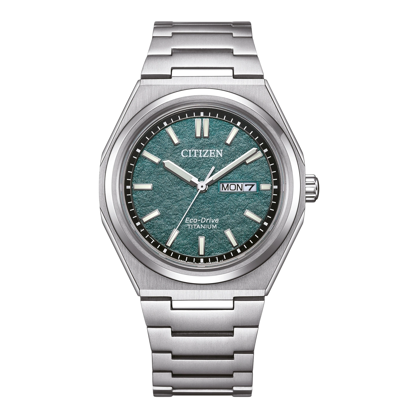 Citizen-Uhr mit grünem Zifferblatt und Titanarmband, Eco-Drive-Technologie.