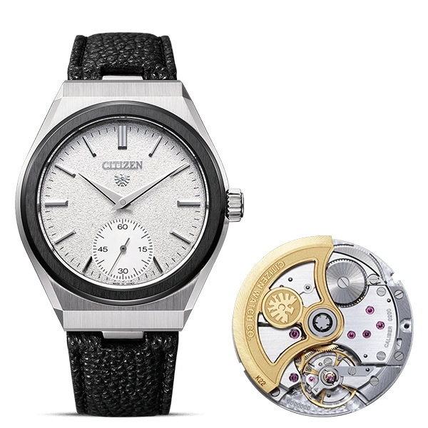 Citizen-Uhr mit schwarzem Armband und Innenmechanismus.
