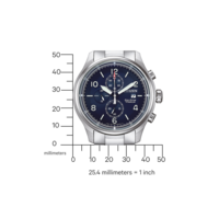 Citizen-Uhr mit blauem Zifferblatt und Titanband, zeigt Zeit und Messungen.