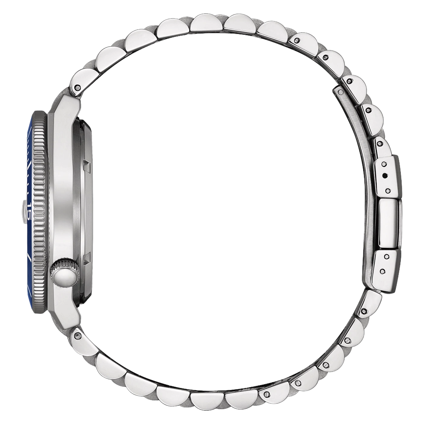 Seitenansicht einer silbernen Uhr mit blauer Lünette und Metallarmband.
