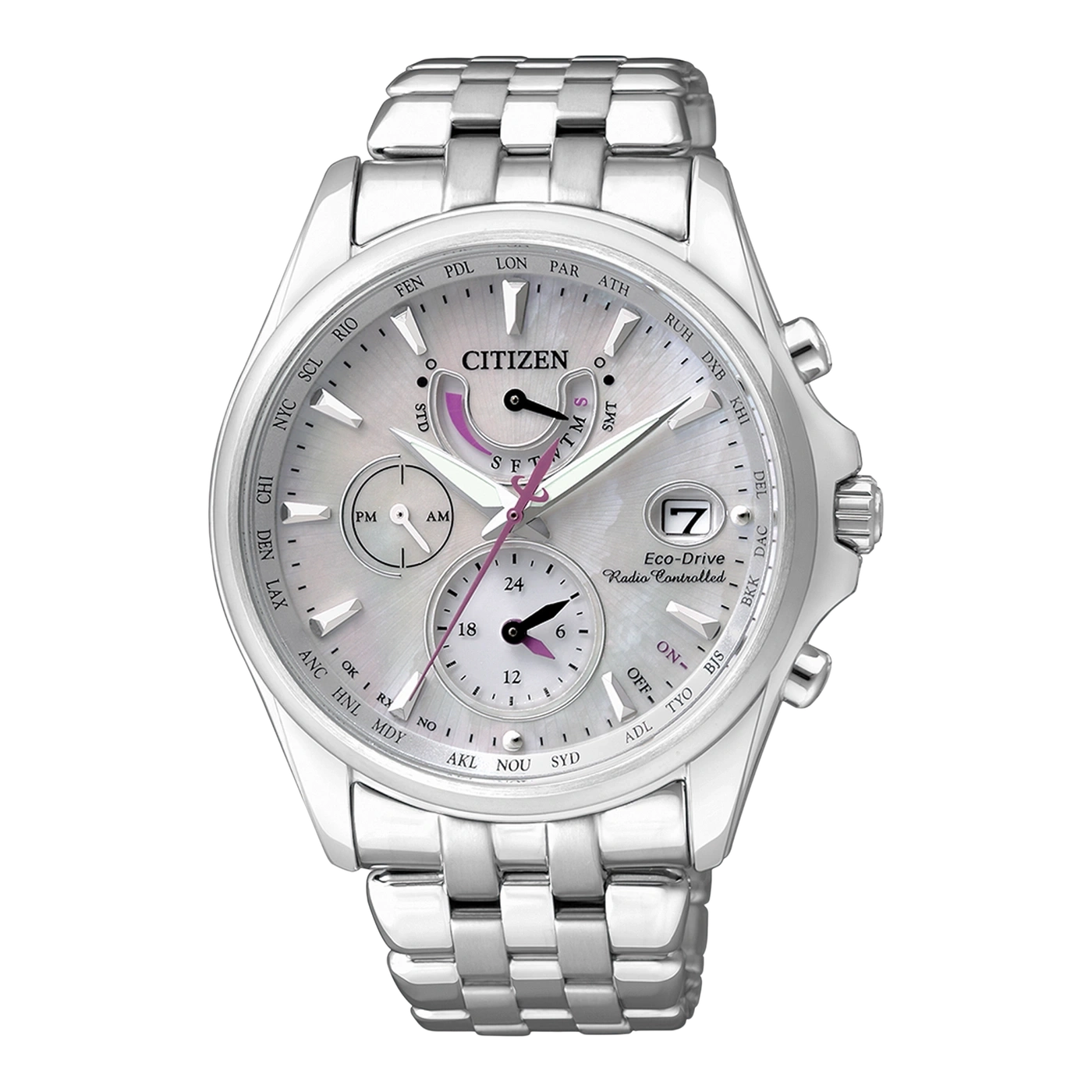 Silberne Citizen-Uhr mit mehreren Zifferblättern, Datumsanzeige und Metallarmband. Eco-Drive-Technologie.
