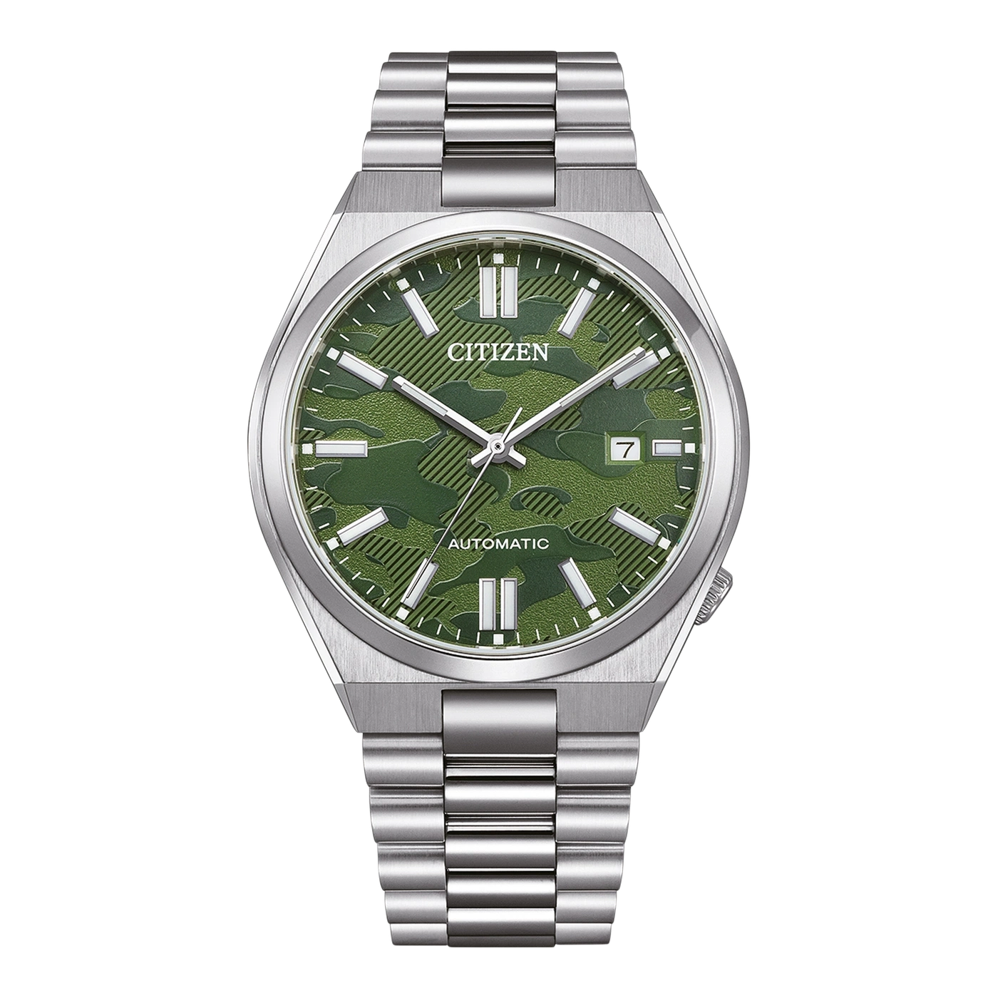 Citizen-Uhr mit grünem Camouflage-Zifferblatt und silbernem Armband.