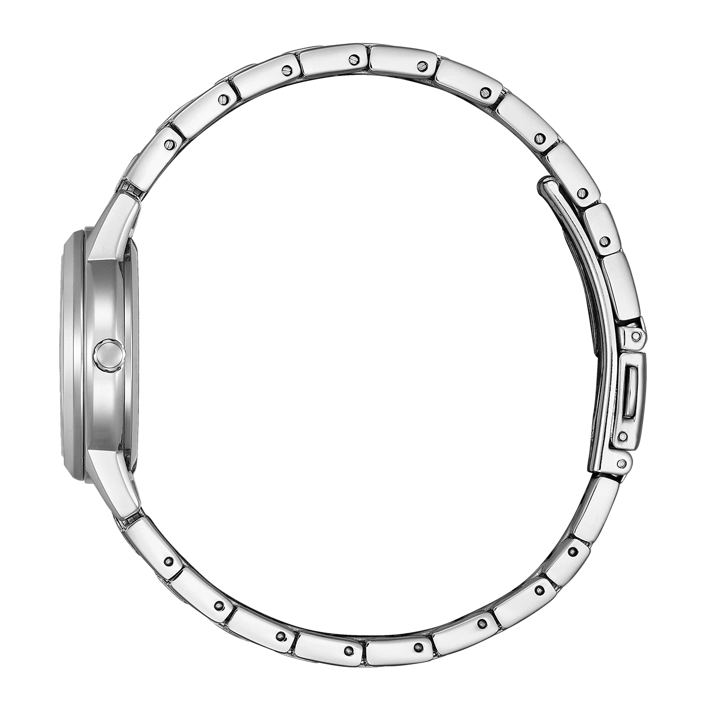 Seitenansicht einer silbernen Armbanduhr mit Metallband und Verschluss.