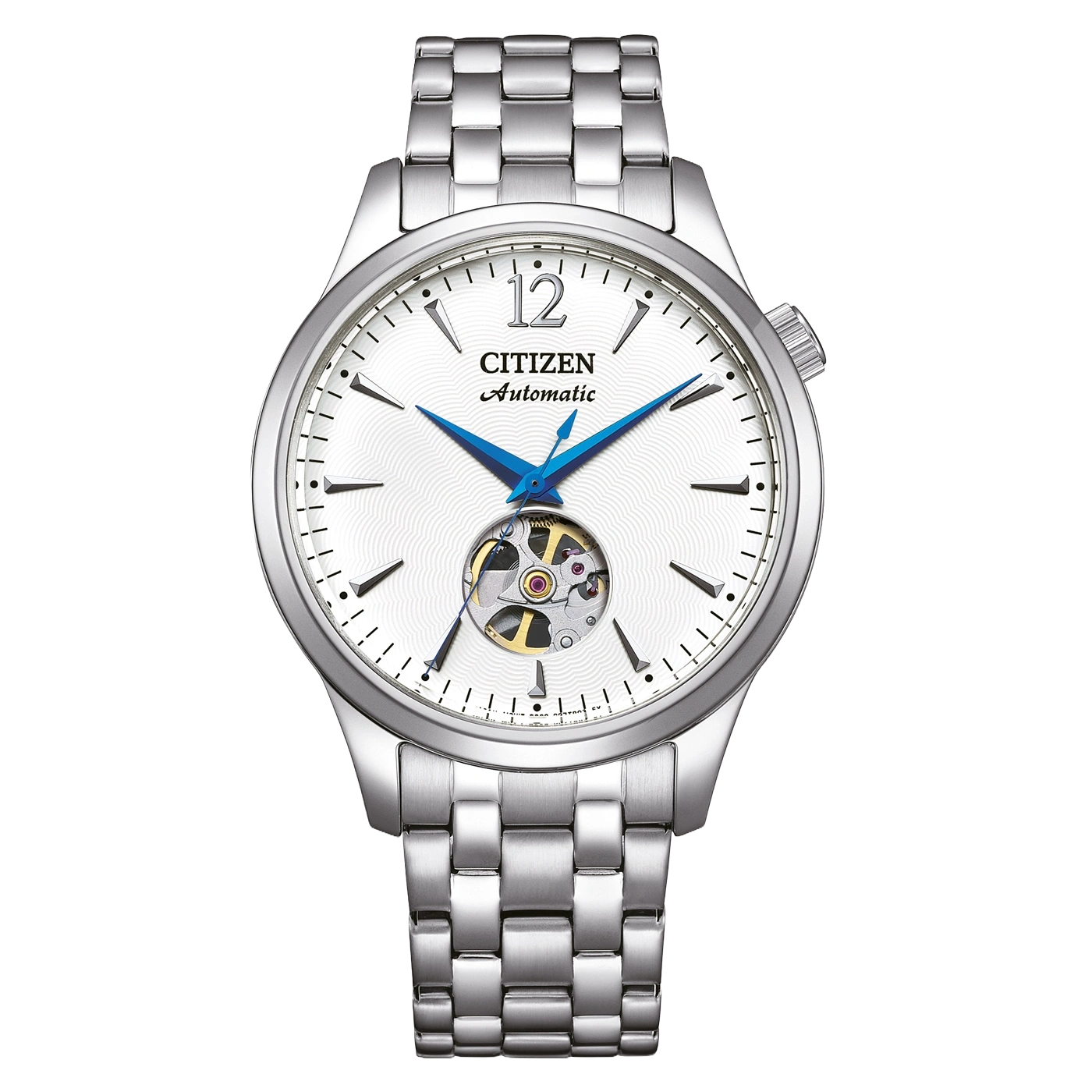 Eine Citizen Automatik-Uhr mit weißem Zifferblatt und blauen Zeigern.