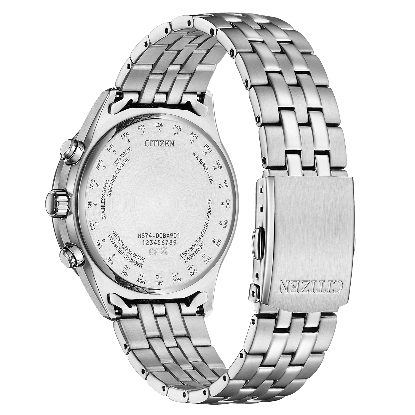 Citizen-Uhrrückseite mit Zeitzonenmarkierungen, Edelstahl und Eco-Drive-Technologie.