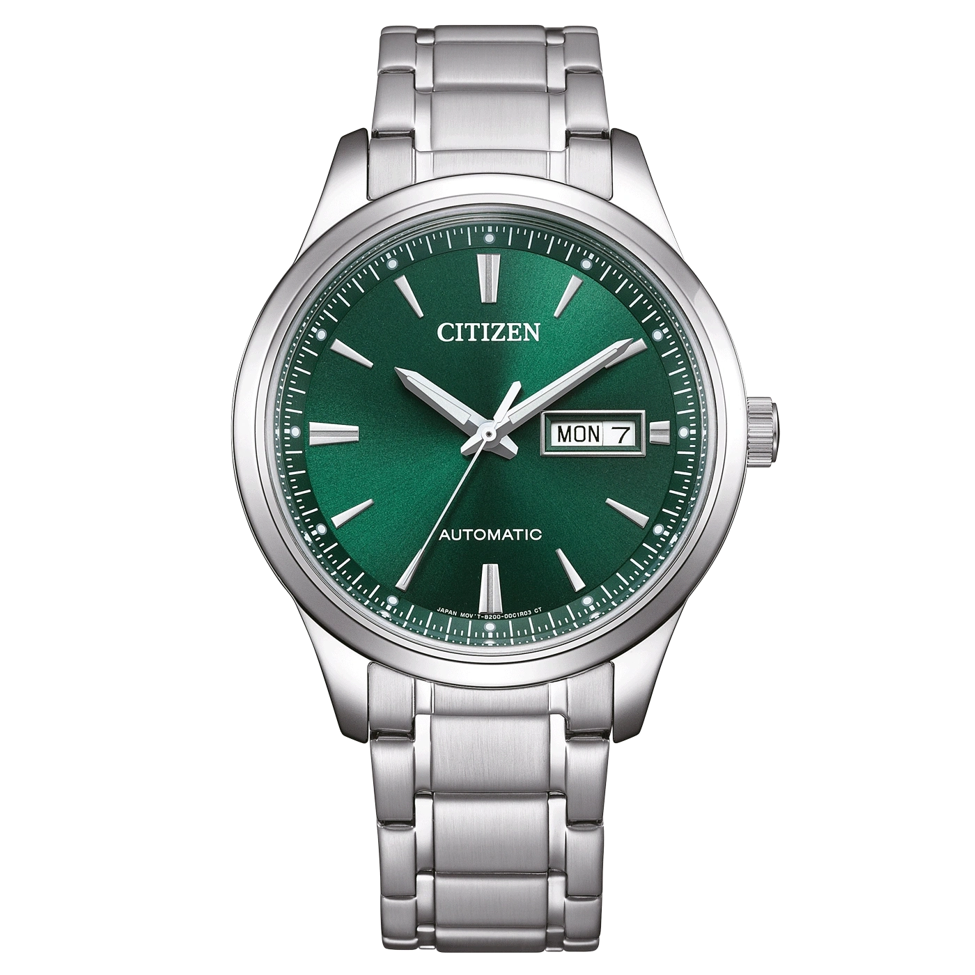 Citizen-Uhr mit grünem Zifferblatt und silbernem Armband, Automatikwerk
