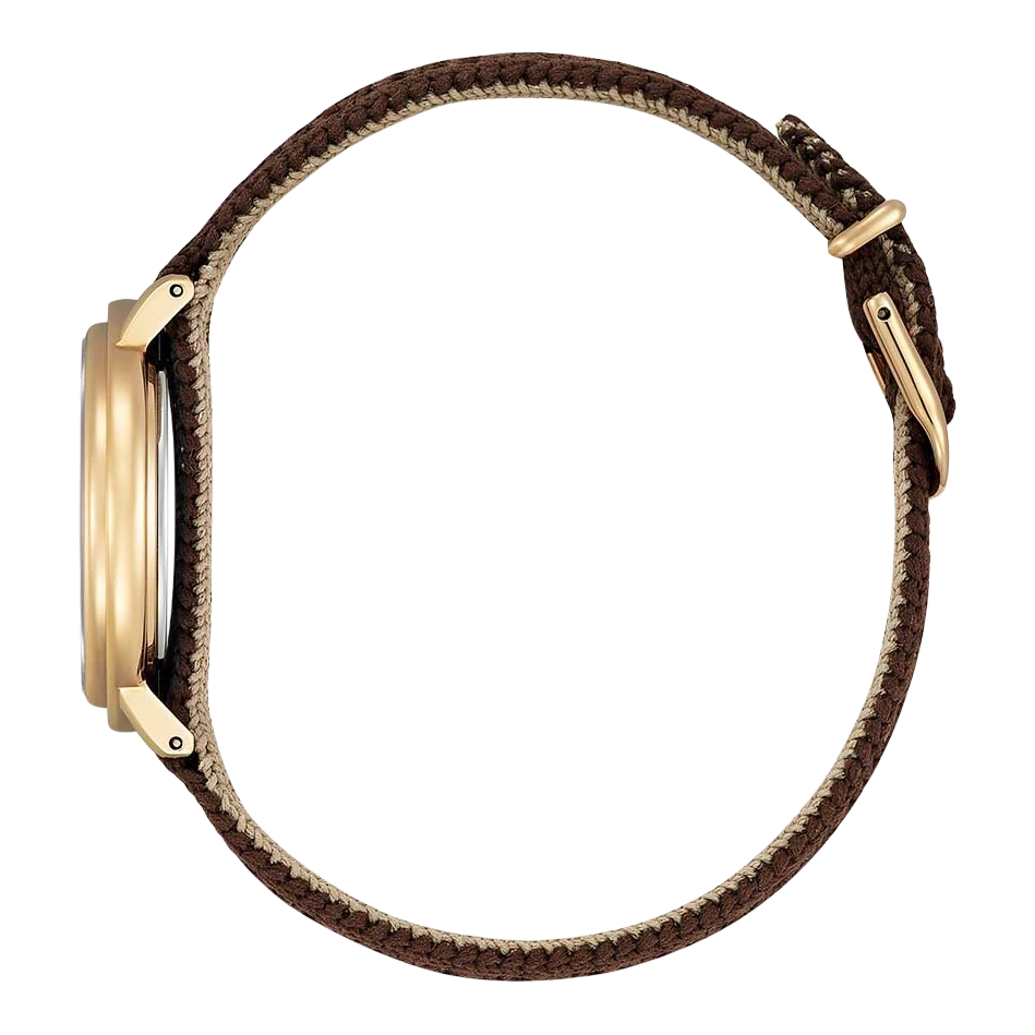 Seitenansicht einer goldenen Uhr mit braun gewebtem Armband.