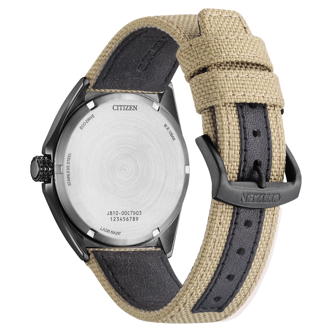 Citizen-Uhrrückseite mit Details: Eco-Drive, Edelstahl, W.R. 10BAR, Japan Movt.