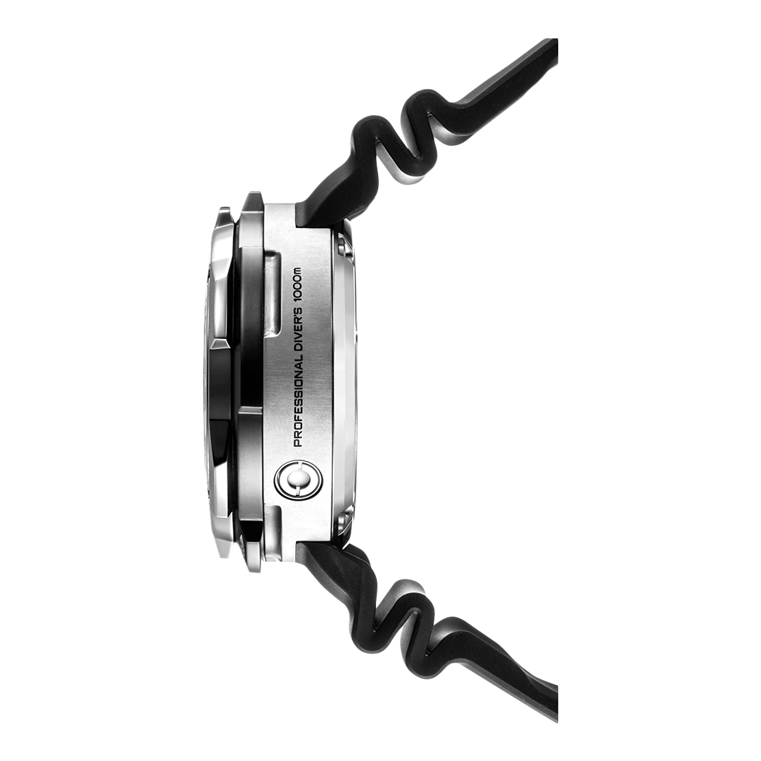 Seitenansicht einer professionellen Taucheruhr mit schwarzem Armband.