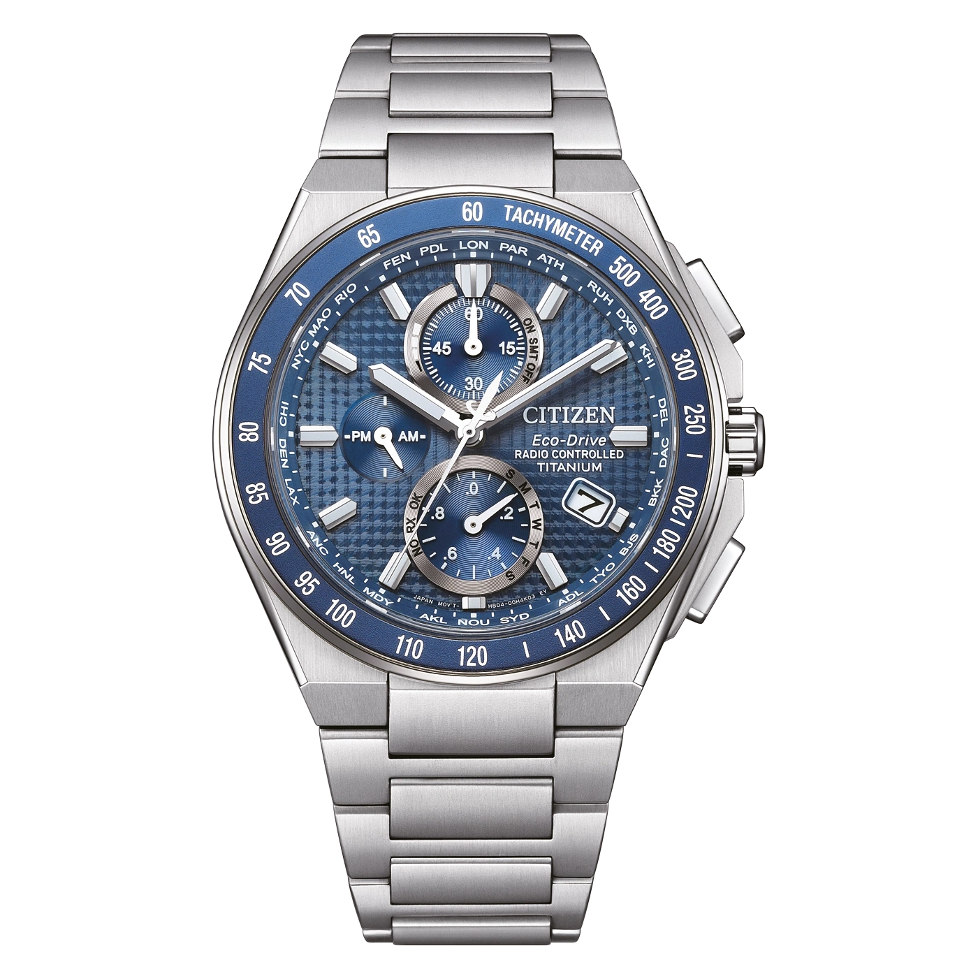 Eine Citizen Eco-Drive Uhr mit blauem Zifferblatt und silbernem Metallband.