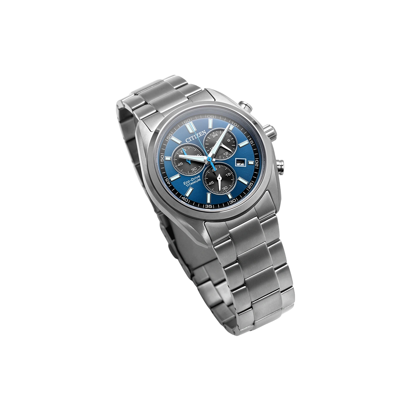 Eine Citizen Eco-Drive Titanuhr mit blauem Zifferblatt und silbernem Band.
