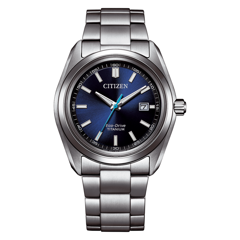 Eine silberne Citizen Eco-Drive Titanuhr mit blauem Zifferblatt.