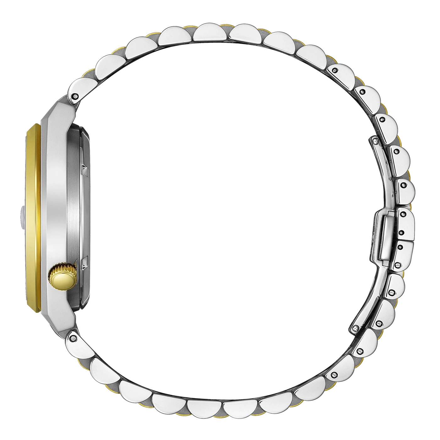 Seitenansicht einer silber-goldenen Armbanduhr mit Metallarmband.