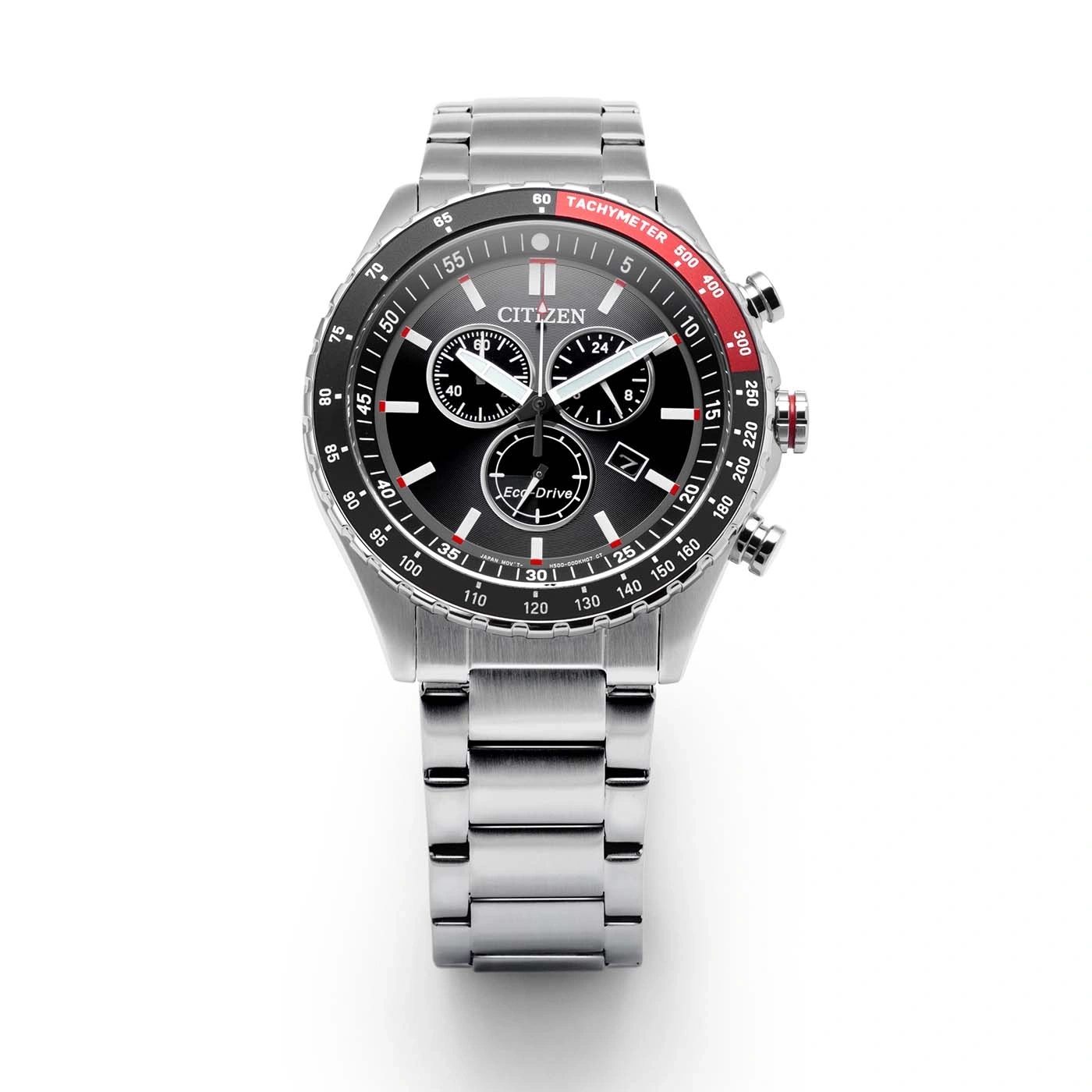 Eine Citizen Eco-Drive Chronographenuhr mit schwarzem Zifferblatt und Tachymeter-Lünette.