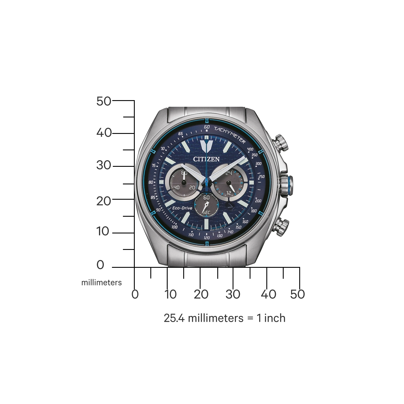 Citizen-Uhr mit blauem Zifferblatt, Tachymeter und Eco-Drive-Technologie.