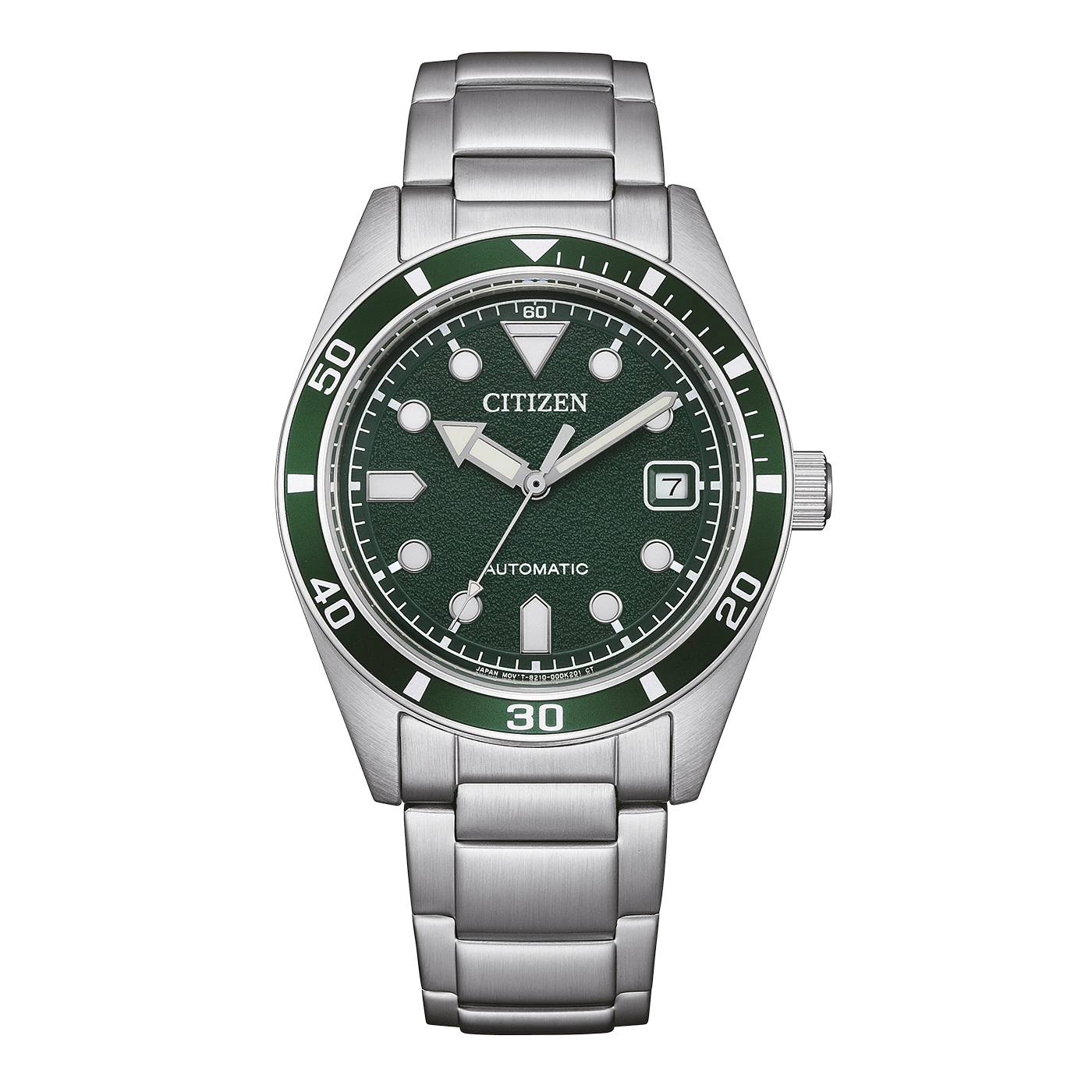 Eine grüne Citizen Automatik-Uhr mit Metallarmband.