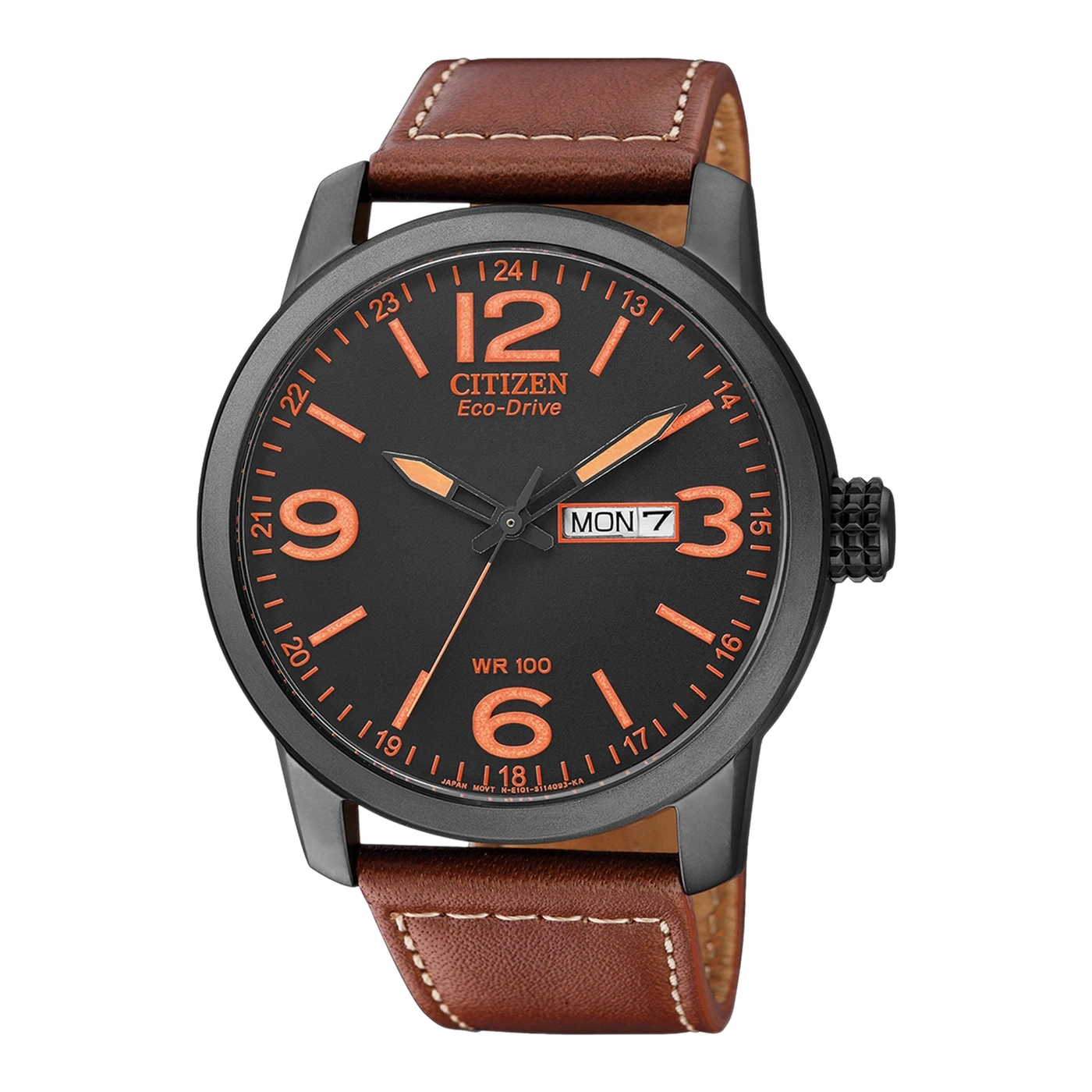 Citizen Eco-Drive Uhr mit schwarzem Zifferblatt, orangefarbenen Zahlen und braunem Lederarmband.