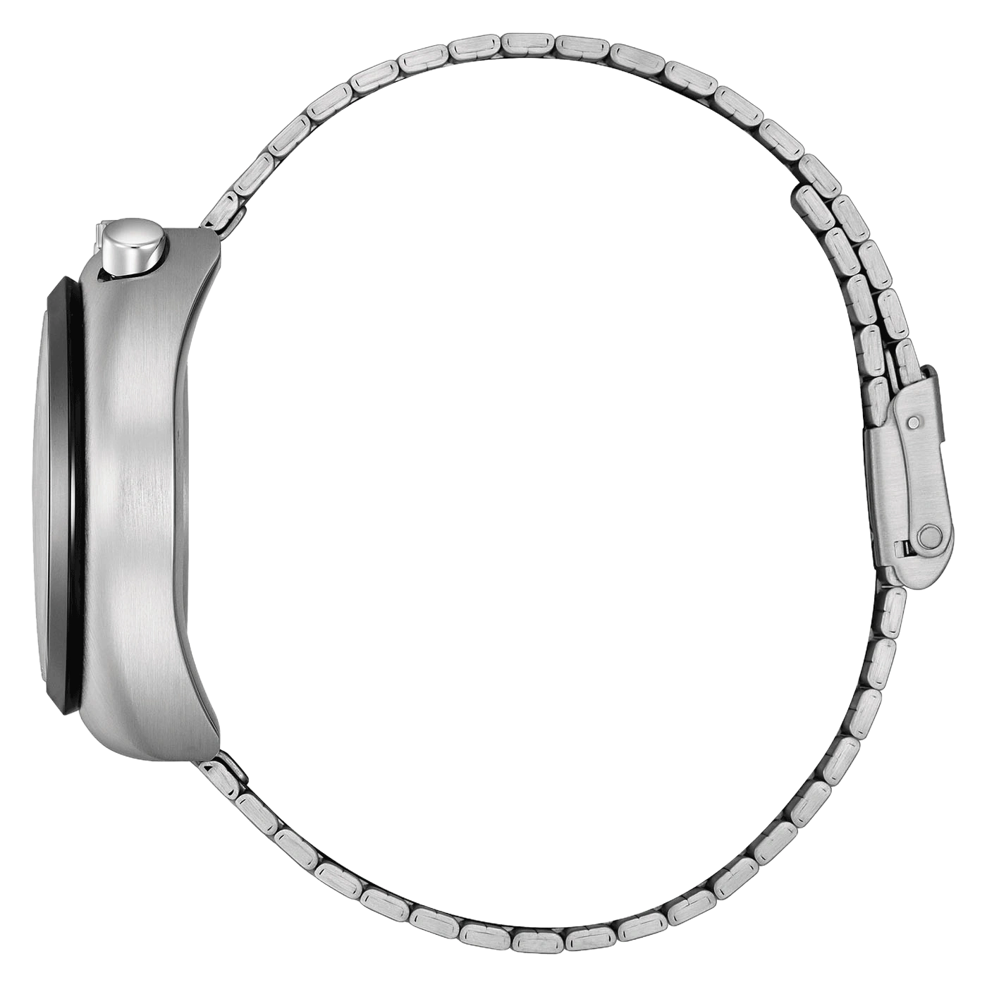 Silbernes Uhrenarmband, Seitenansicht, Edelstahlmaterial.