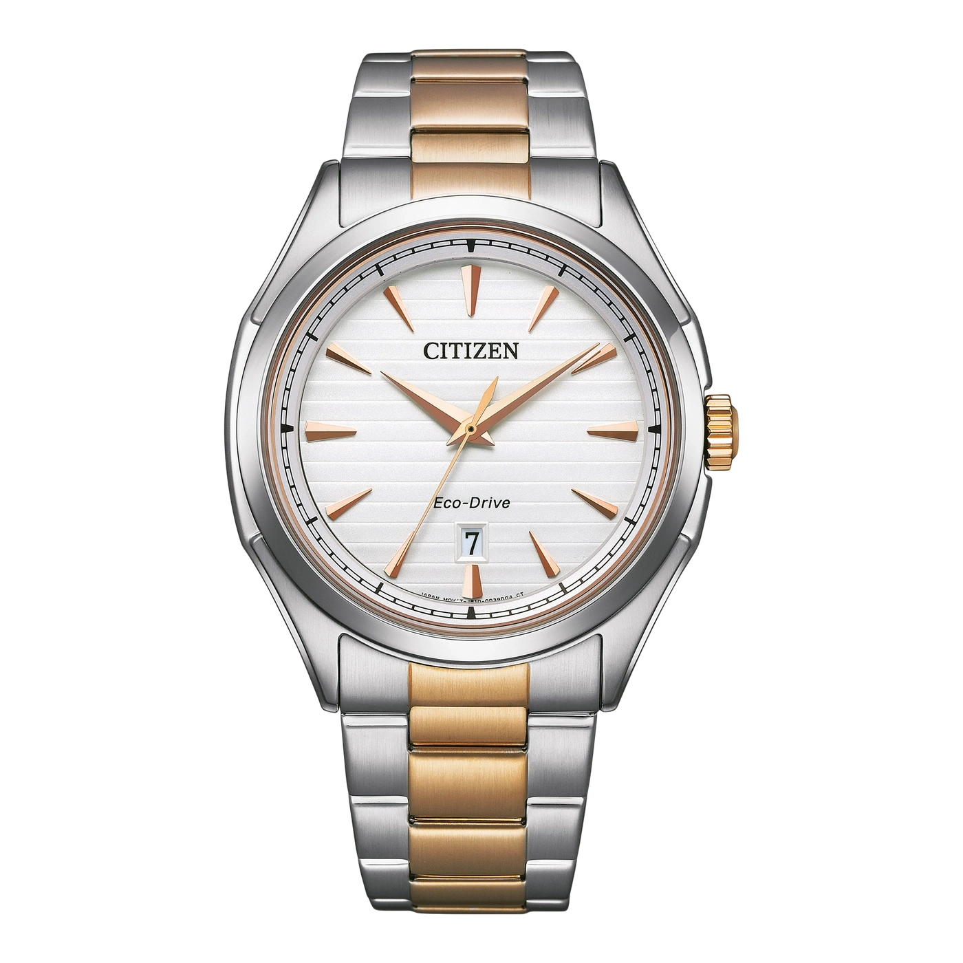 Citizen Eco-Drive Uhr mit silbernem und goldenem Armband und weißem Zifferblatt mit Datumsanzeige.