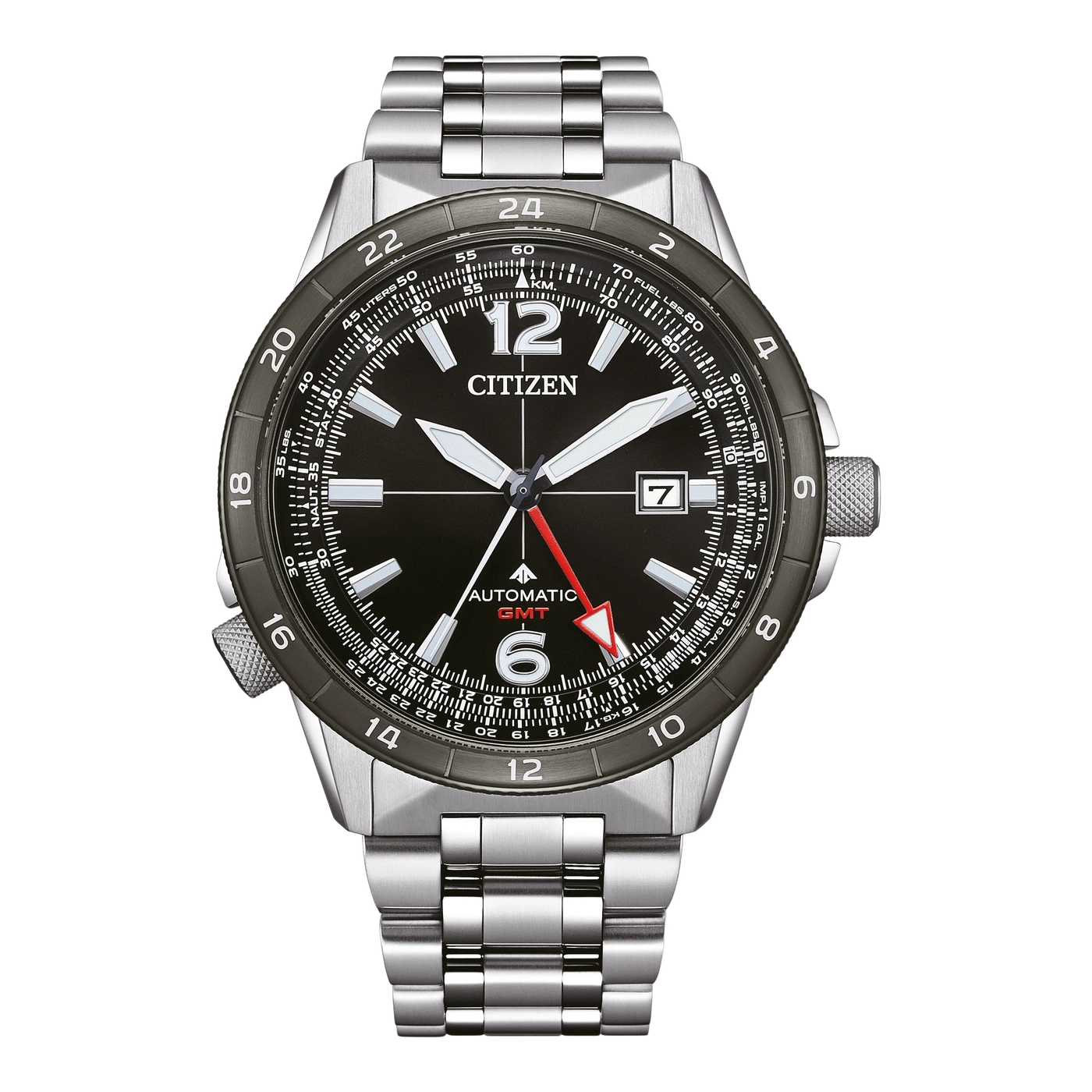 Citizen-Uhr mit schwarzem Zifferblatt, silbernem Armband und GMT-Funktion, die Zeit und Datum anzeigt.
