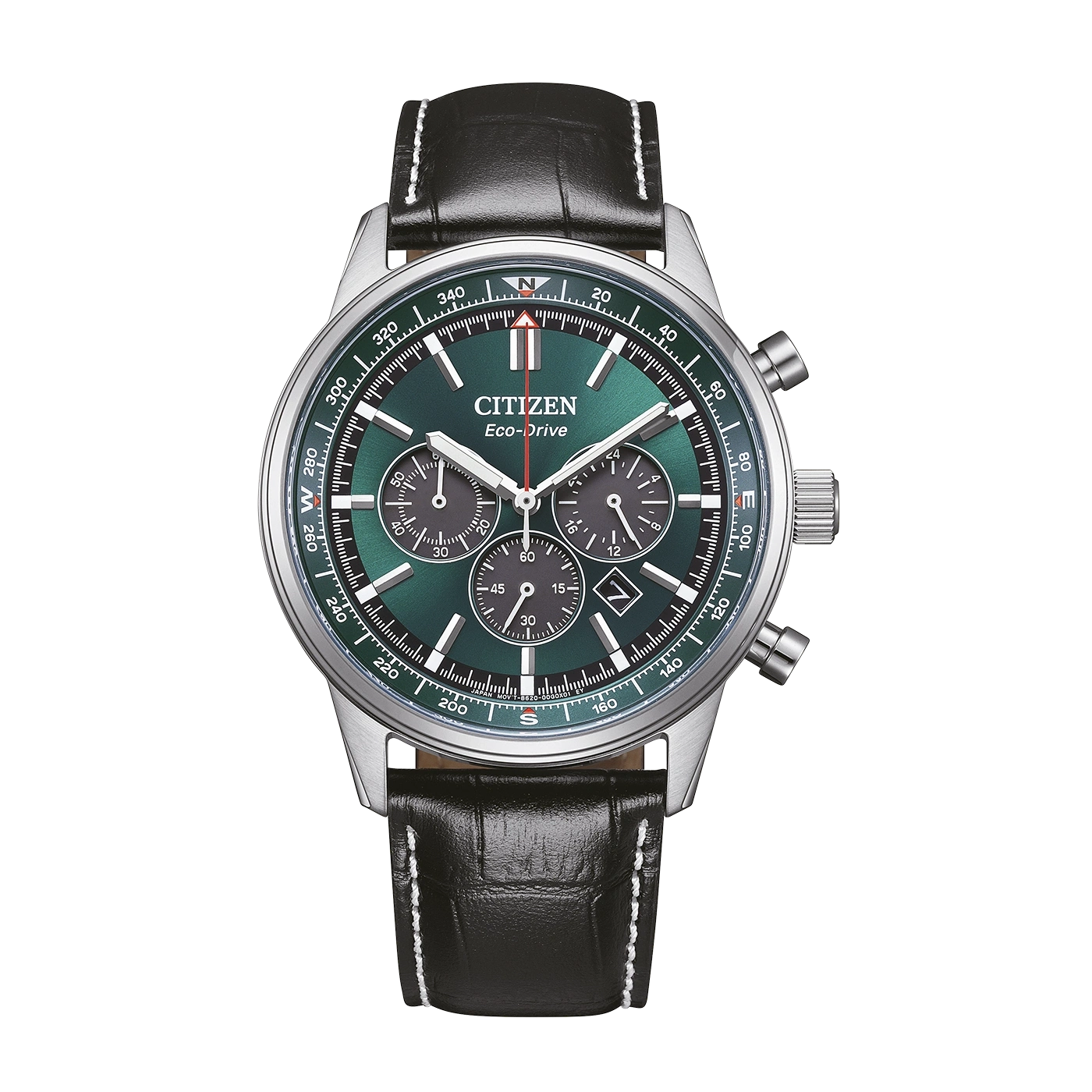 Eine grüne Citizen Eco-Drive Chronographenuhr mit schwarzem Lederarmband.