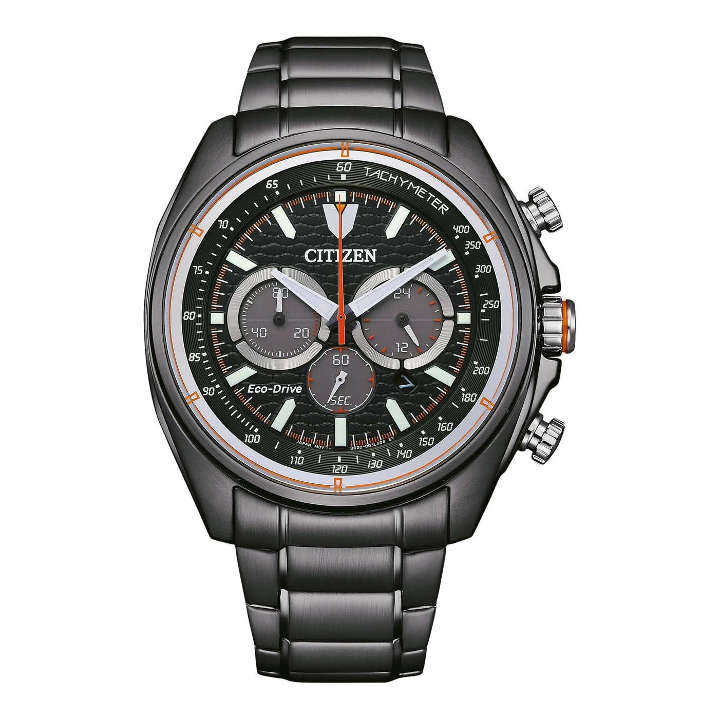 Schwarze Citizen-Uhr mit orangefarbenen Akzenten und Chronographenfunktionen.