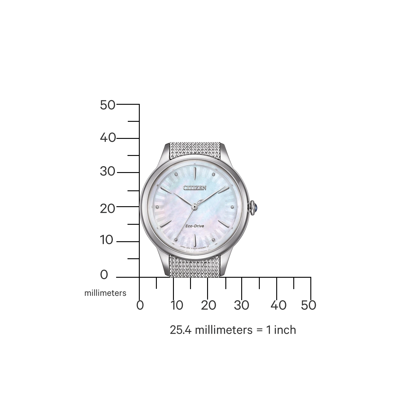 Citizen-Uhr mit Millimeterskala und Umrechnung in Zoll, zeigt die Größe.