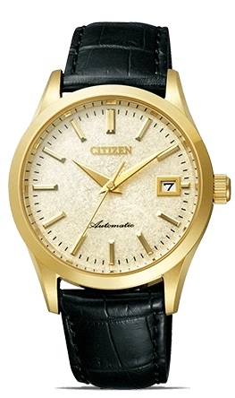 Goldene Citizen-Uhr mit schwarzem Lederarmband und Datumsanzeige.