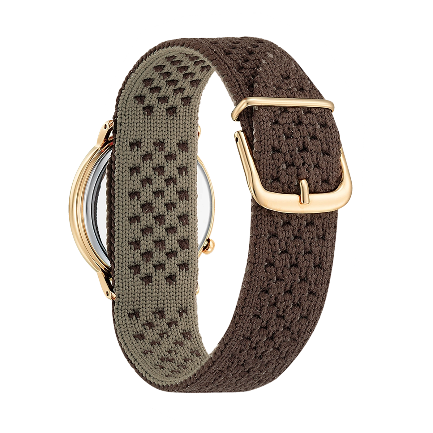 Uhr mit braun-grün gewebtem Armband und goldener Schnalle.