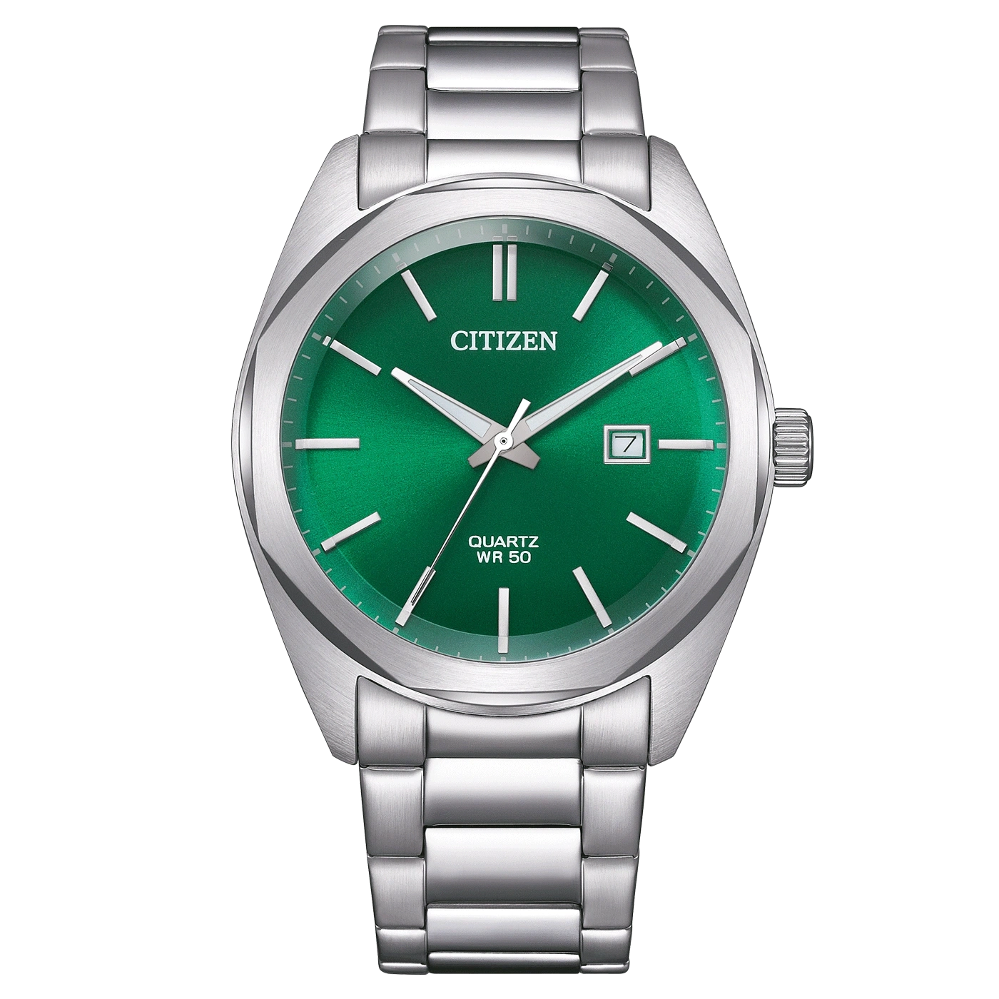 Citizen-Uhr mit grünem Zifferblatt und silbernem Armband, Quarz, WR 50.