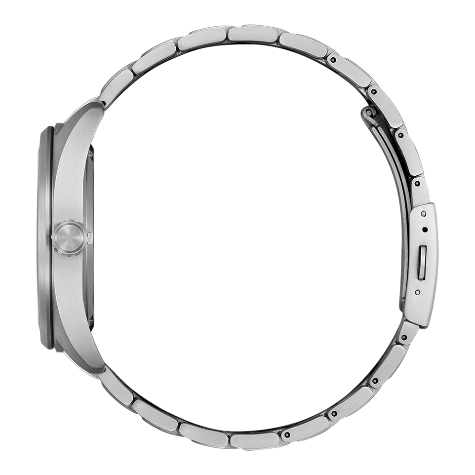Silberne Uhr mit kreisförmigem Band und Seitenansicht des Zifferblatts.