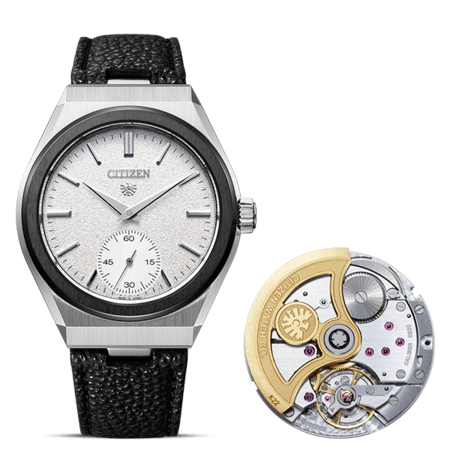 This image shows a Citizen watch with a silver-toned case, textured white dial, and black strap.
