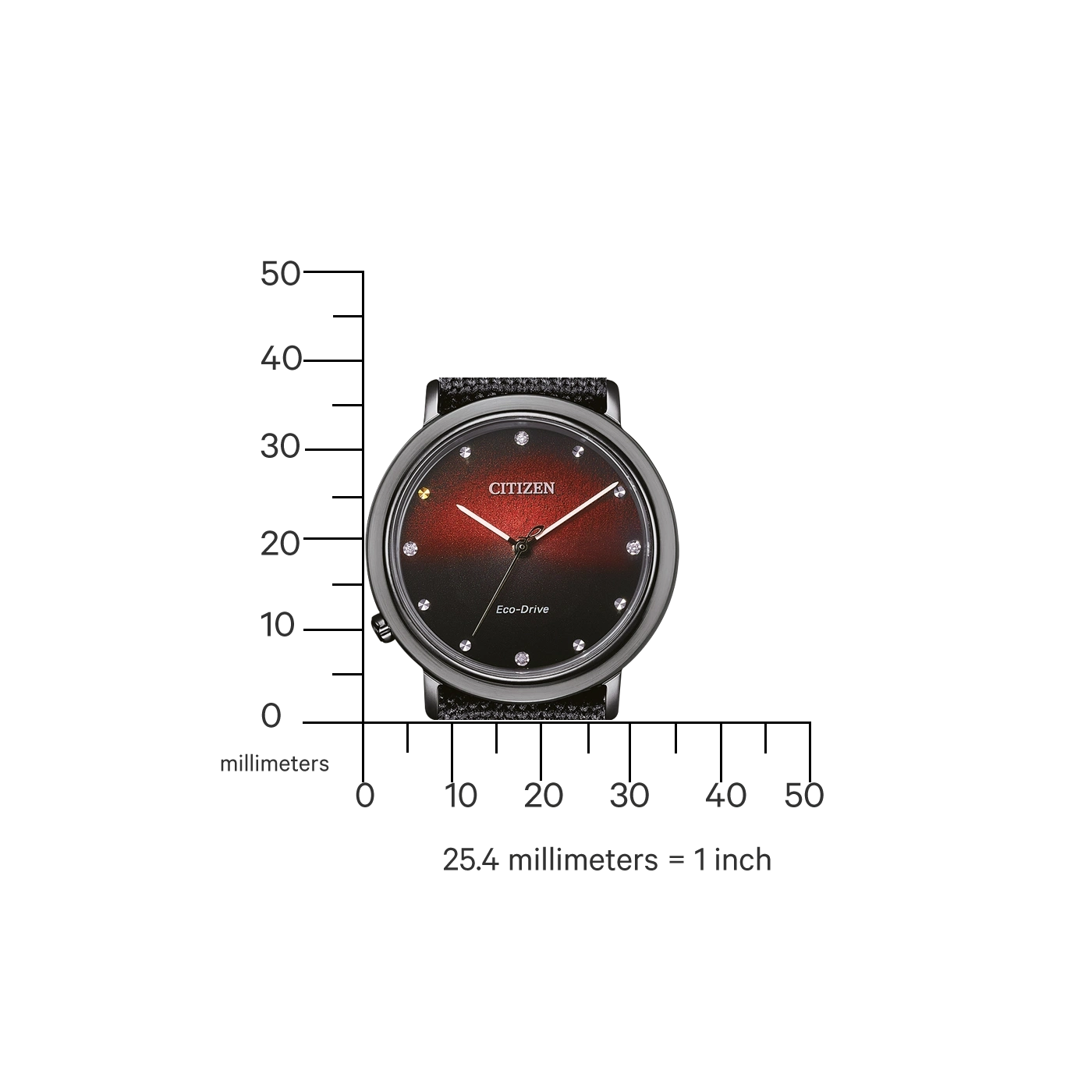 Citizen-Uhr mit schwarzem und rotem Zifferblatt, Diamanten und schwarzem Armband.