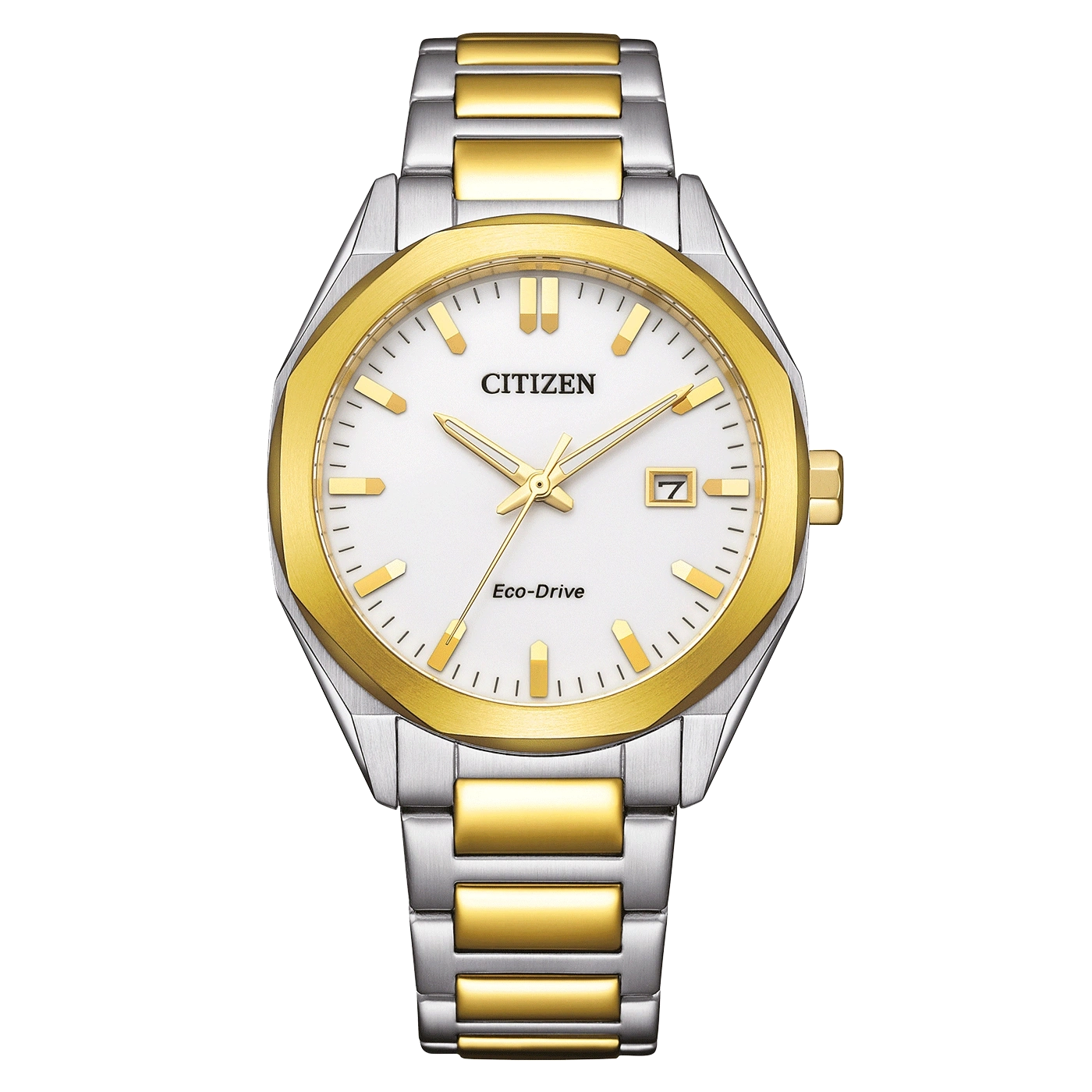 Citizen-Uhr mit Gold- und Silberakzenten, weißem Zifferblatt und Datumsanzeige.