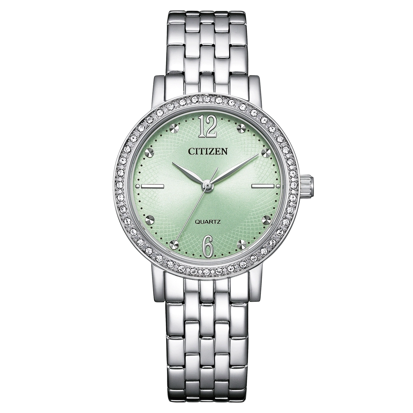 Citizen-Uhr mit grünem Zifferblatt und silbernem Armband, Quarzwerk.