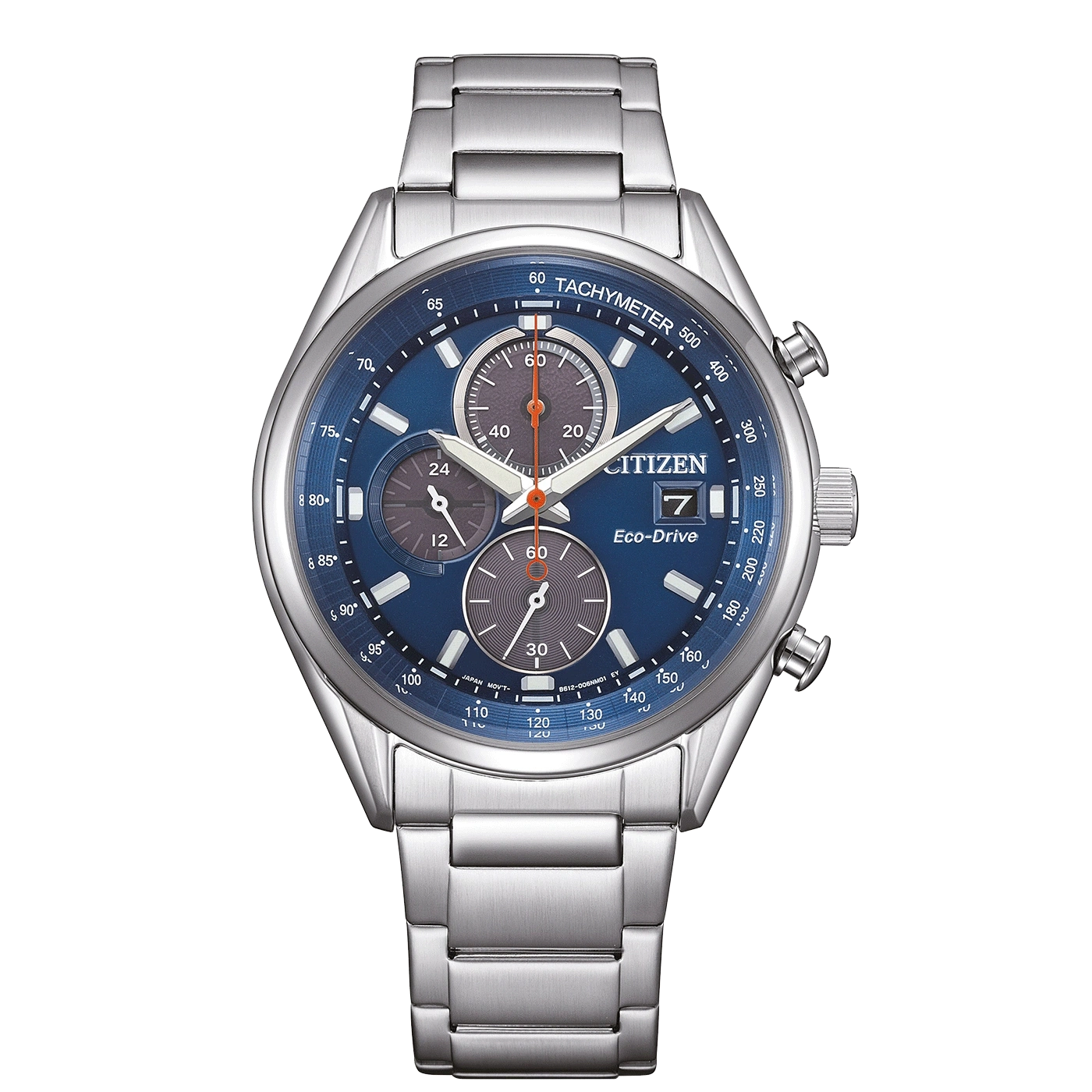 Citizen Eco-Drive Uhr mit blauem Zifferblatt und silbernem Armband, Chronograph.