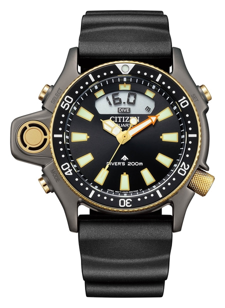 Citizen Taucheruhr mit analogem Zifferblatt und digitaler Tiefenanzeige.