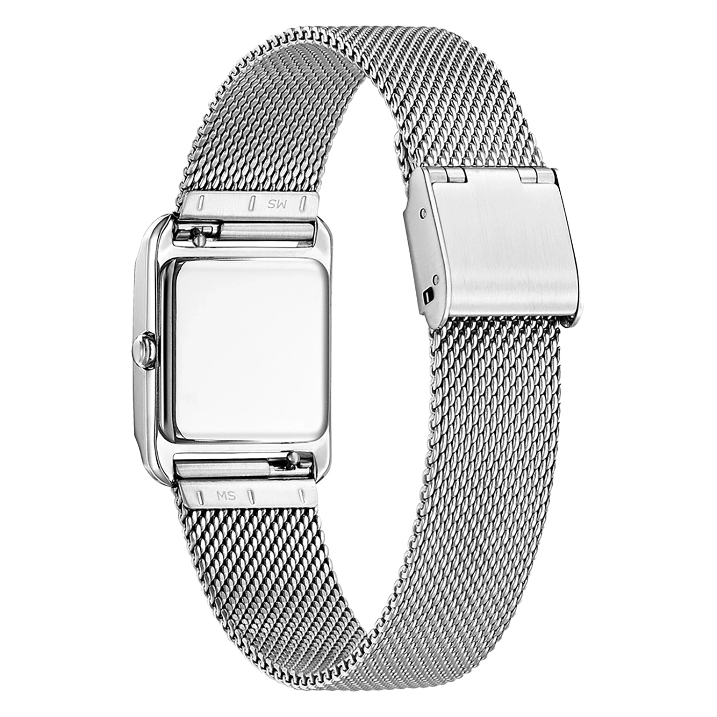 Silberne Uhr mit Mesh-Armband, rechteckigem Zifferblatt, Verschluss und MS-Markierungen.