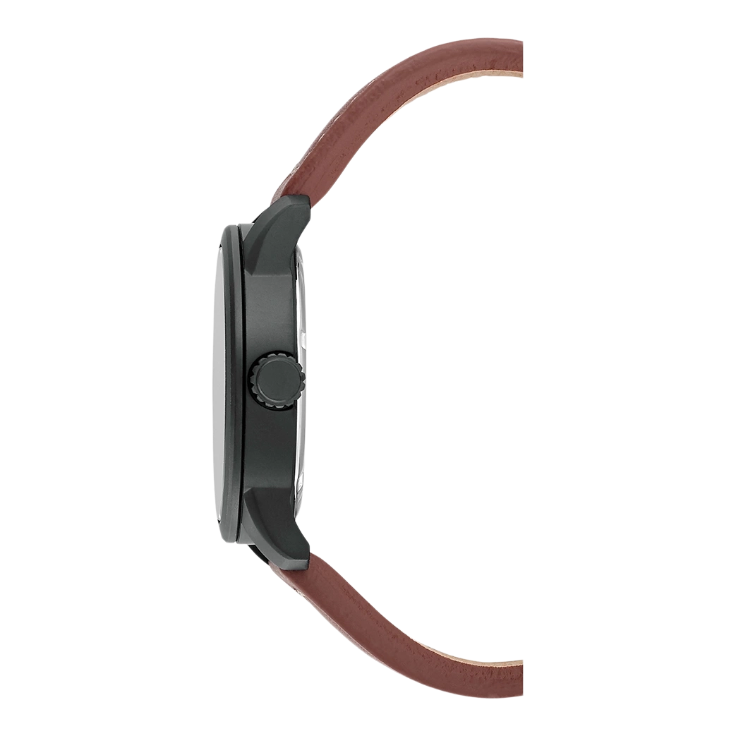 Seitenansicht einer schwarzen Uhr mit braunem Lederarmband.