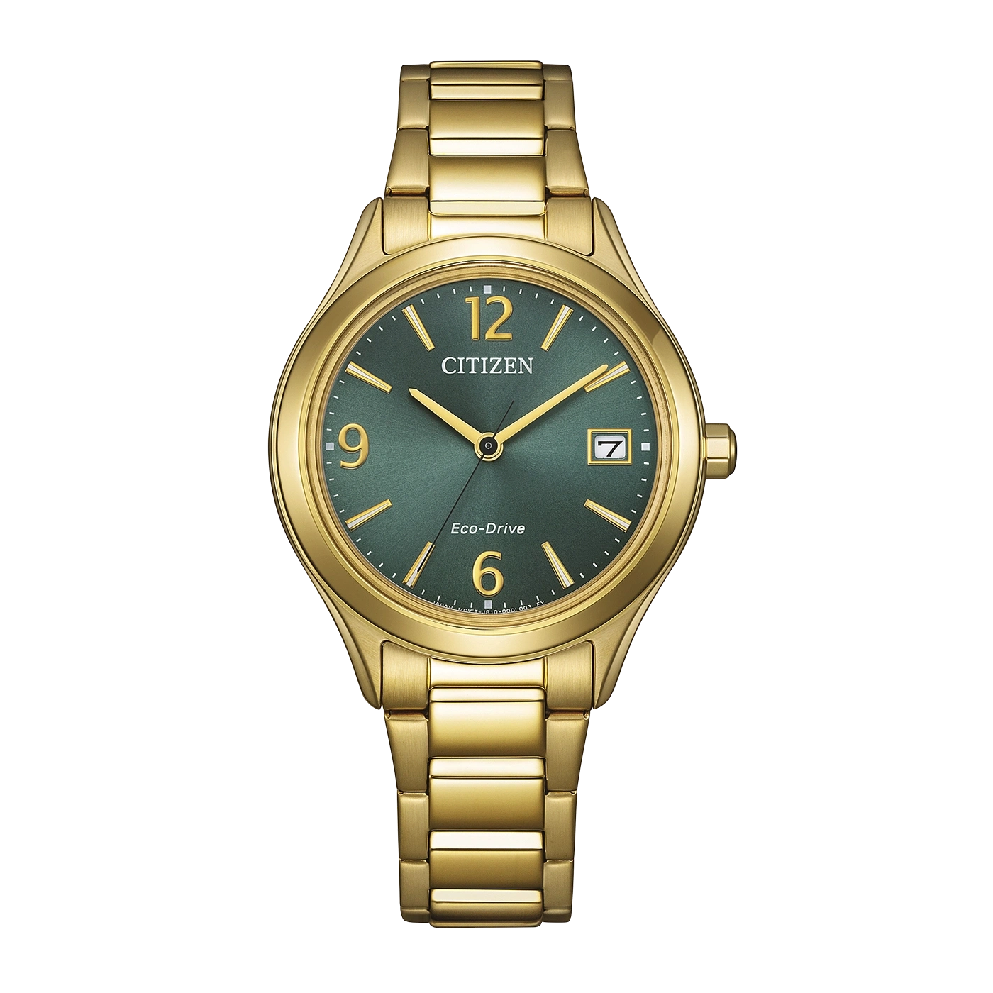 Eine goldene Citizen Eco-Drive Uhr mit grünem Zifferblatt und Datumsfenster.