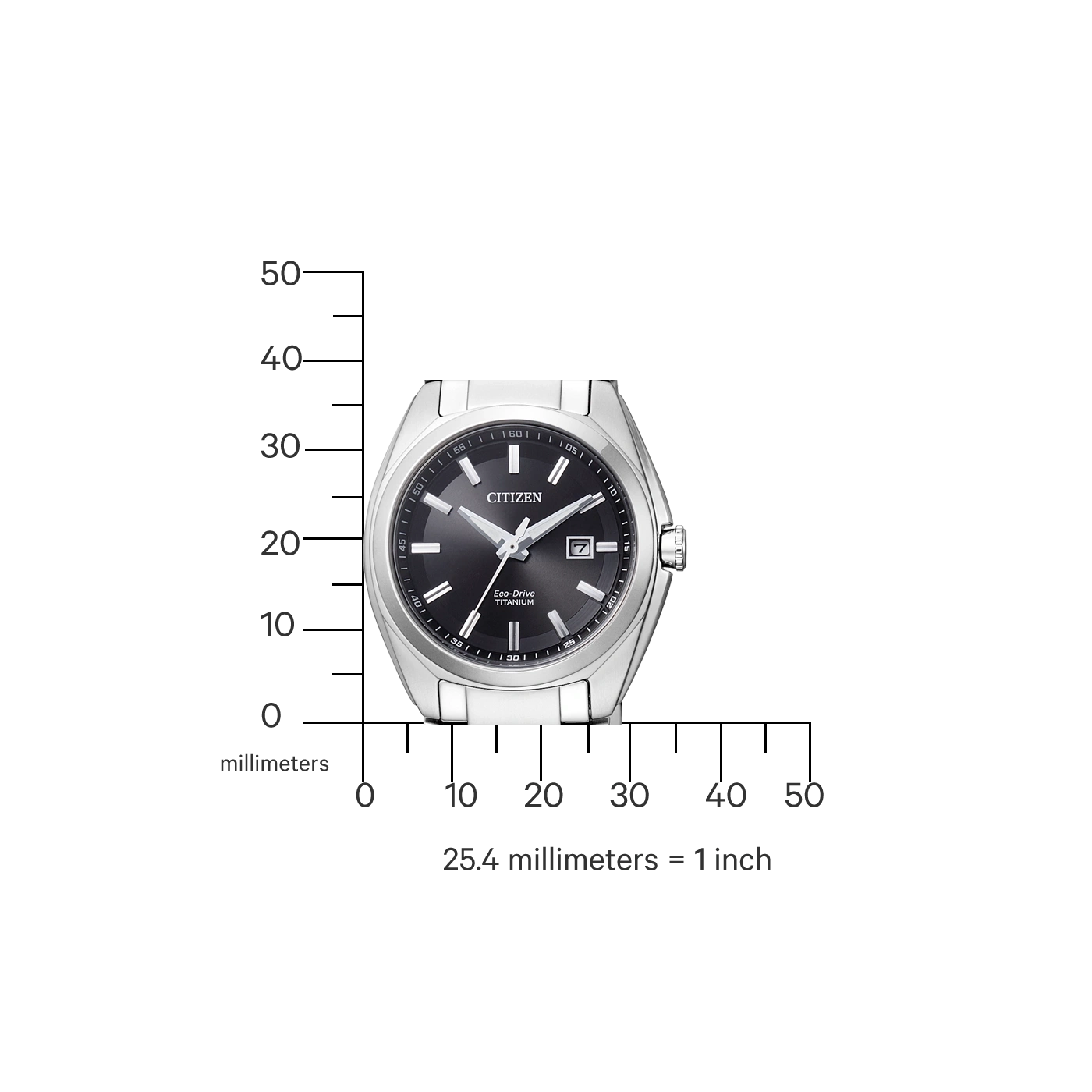 Citizen-Uhr mit schwarzem Zifferblatt, Titan und Maßstab.