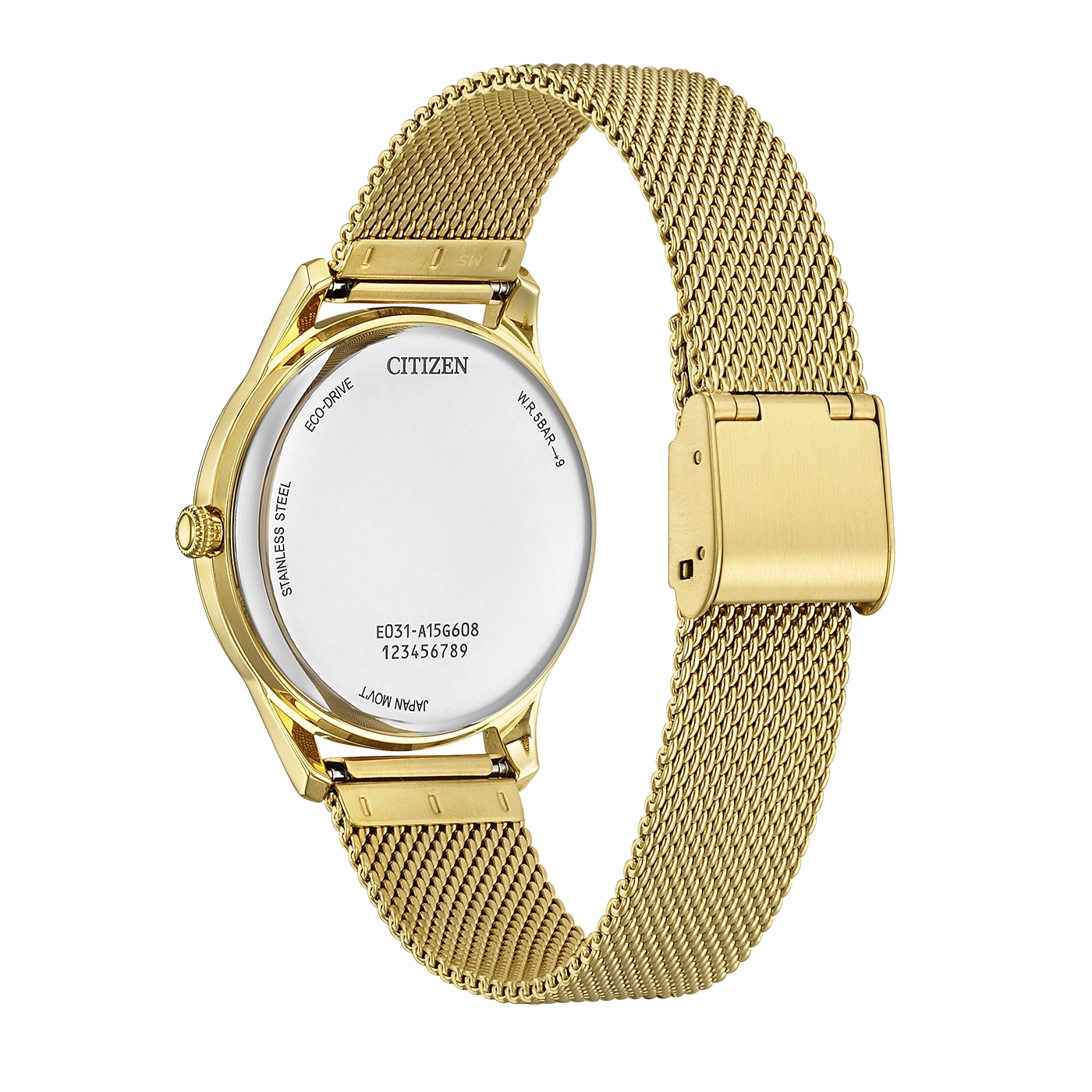 Goldene Citizen Eco-Drive Uhr mit Milanaise-Armband, Rückansicht.