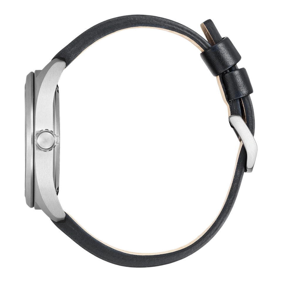 Seitenansicht einer silbernen Uhr mit schwarzem Lederarmband.