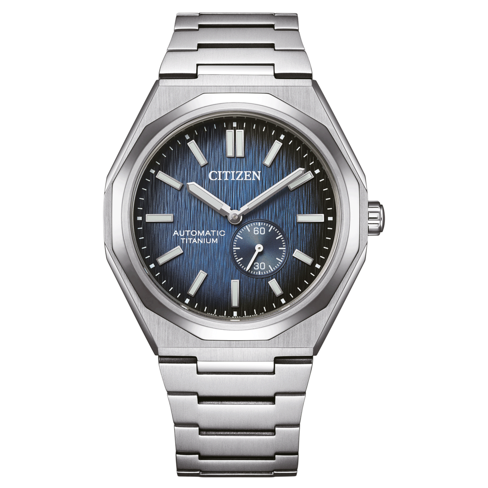 Citizen-Uhr mit blauem Zifferblatt und Titanarmband, Automatikwerk.
