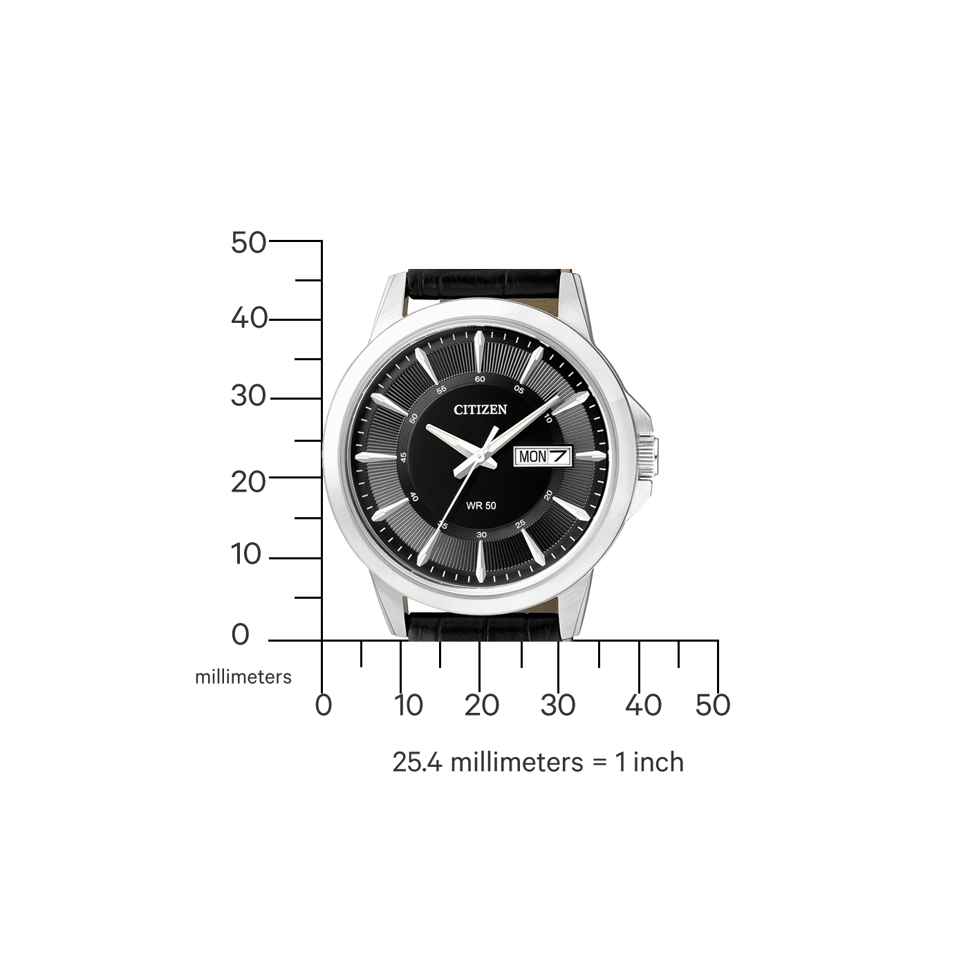 Citizen-Uhr mit schwarzem Zifferblatt, silbernem Gehäuse und schwarzem Lederarmband. Tagesanzeige.